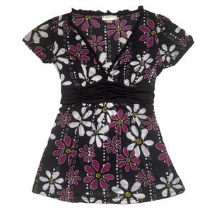 Y2K Women's Black Pink Floral Polka Dot Baby doll Top Back Tie V Neck Size Large